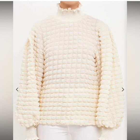 Endless Rose Puffer textured mock neck long sleeve blouse Cream Size XS - Picture 9 of 11